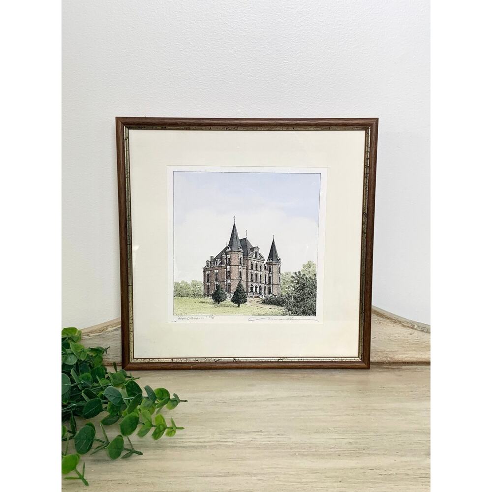 Vintage Signed Architectural Print Framed Castle Wall Art English Country